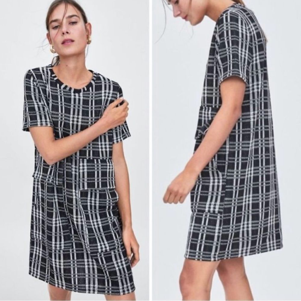 Zara Trafaluc Black & White Plaid Short Sleeve Shift Dress